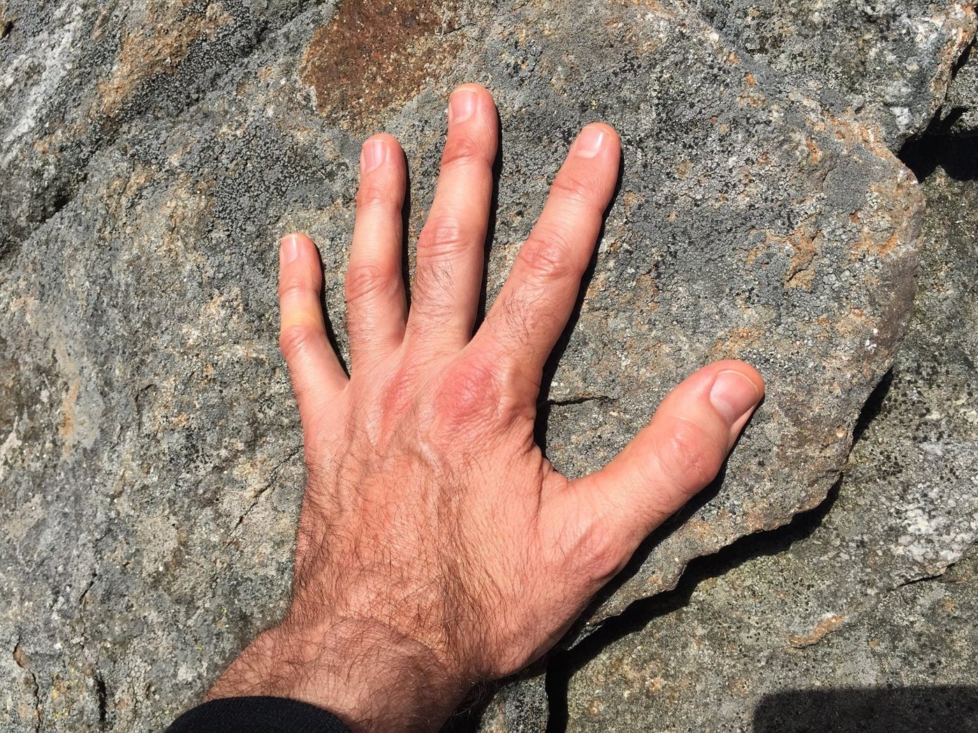 A hand pressed flat against granite