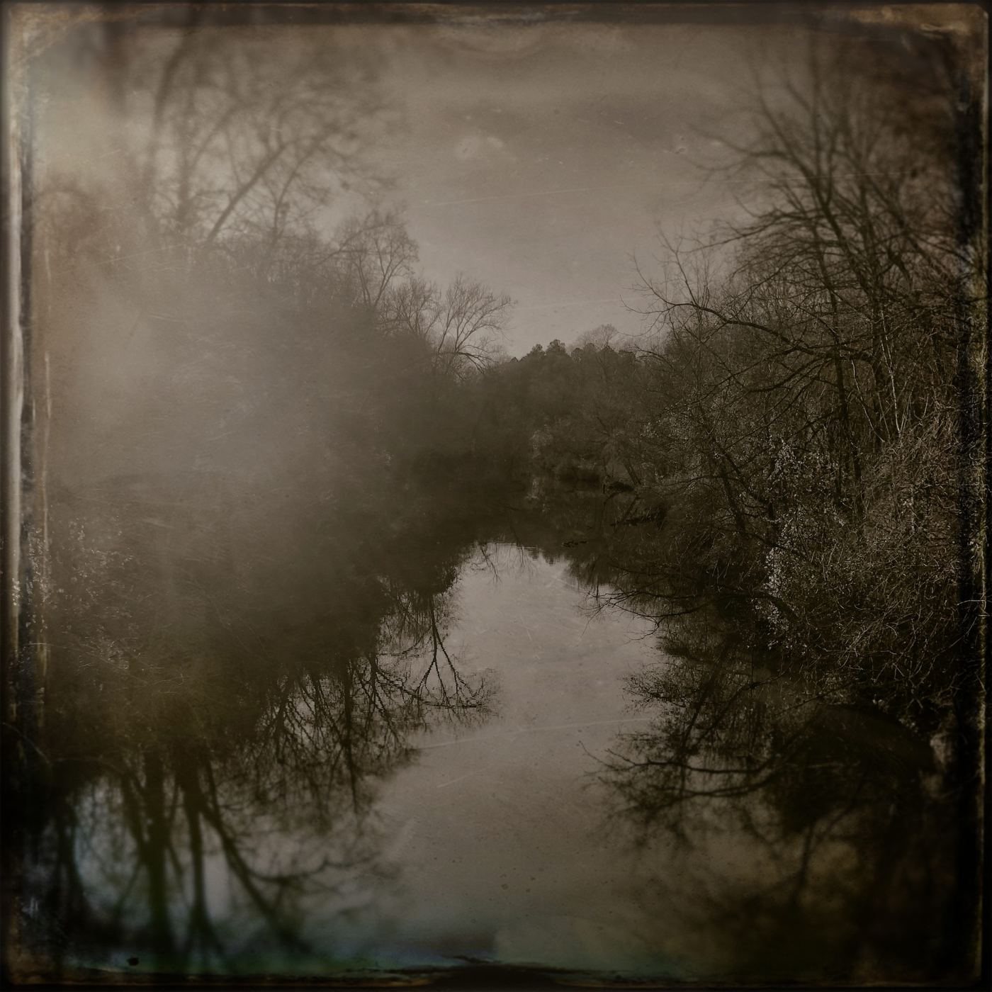 A misty river, its trees reflected